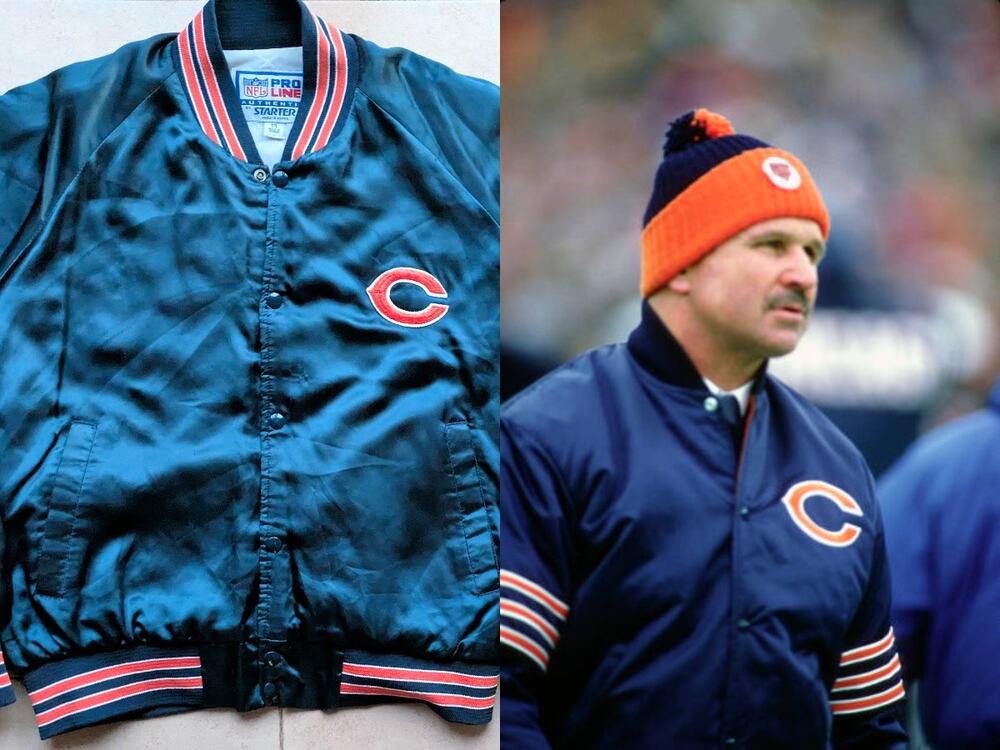 Chicago Bears 80s 90s STARTER satin bomber jacket S M navy orange NFL Pro vtg